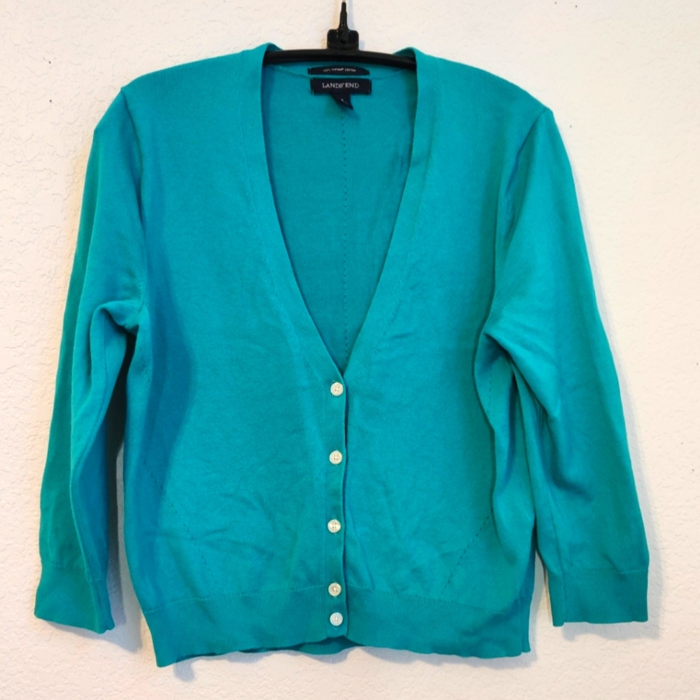 Lands' End Teal‎ Gre Cardigan with 3/4 Length Sleeves 100% Supima Cotton,…